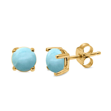 Round Solitaire Stud Earrings Yellow Tone, Natural Larimar 925 Sterling Silver 7mm